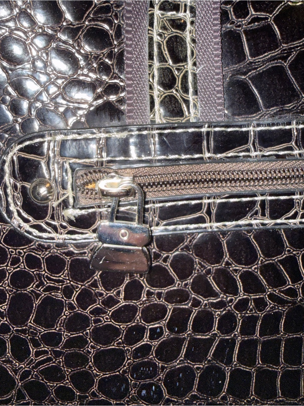 Kathy Van Zeeland Black Mock Patent Croc PVC Shoulder XL Tote Bag, 18"x13"x7"EUC - Picture 6 of 16